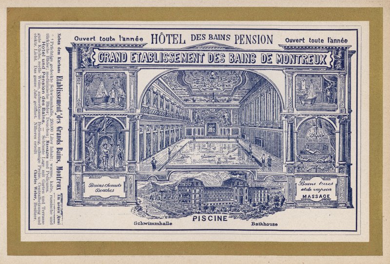 Grand Etablissement Des Bains De Montreux」の広告（エングレービング 作： スイスの学校