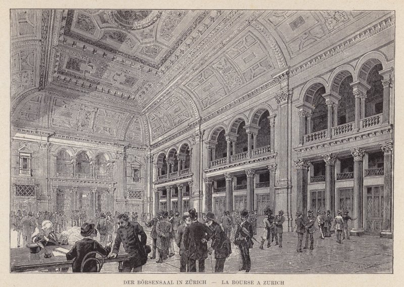 チューリッヒのボルセンザール（Der Borsensaal）、チューリッヒの証券取引所（La Bourse a Zurich）（エングレービング 作： スイスの学校