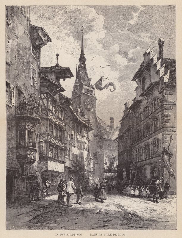 ツークの街で、Dans la Ville de Zoug（エングレービング 作： スイスの学校