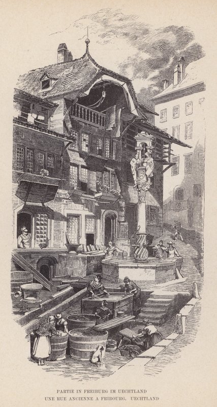 Partie in Fribourg im Uechtland, Une Rue Ancienne a Fribourg, Uechtland (e.g. engraving) 作： スイスの学校
