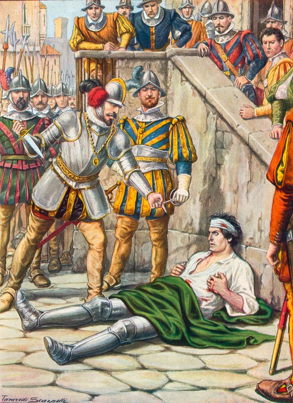 1530年8月3日、ガヴィナーナの戦い後のフランチェスコフェルッチの死 作： タンクレディ・スカルペリ