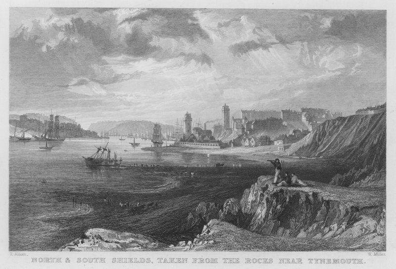 Tynemouth付近の岩から撮影したNorth ShieldsとSouth Shields（彫刻 作： トーマス（後）アロム