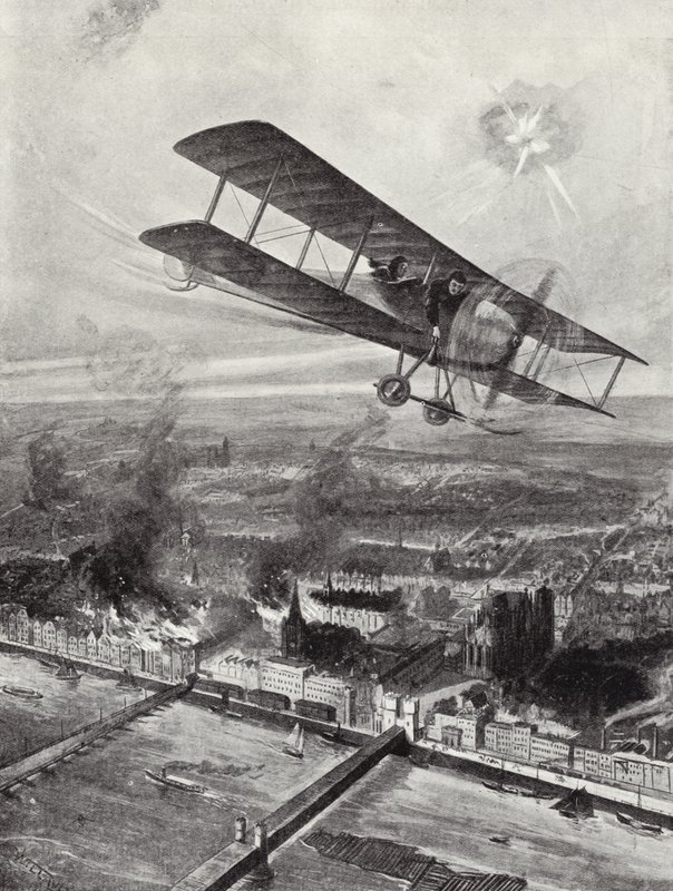 1914年10月8日、ケルン上空を飛行する飛行隊長スペンサーグレイ 作： W.エイビス