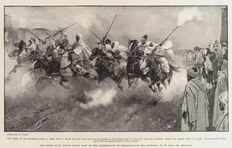 ムーアの国、羊レース、アブラハムによるアイザックの供物を祝うためのお祝いの一部を形成します 作： ウォルター・スタンレー・パジェット