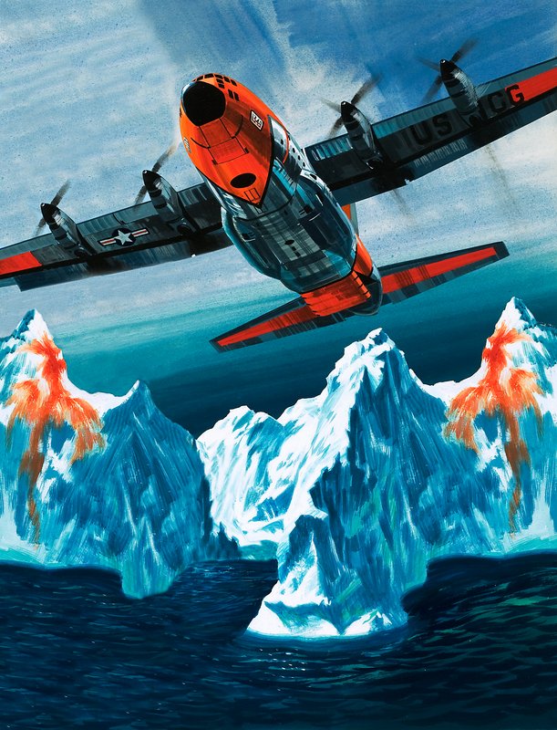 沿岸警備隊のために氷山をパトロールするロッキード・ハーキュリーズ 作： ウィルフ (20 世紀) ハーディ