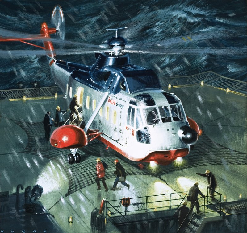 油田の危険人物たち。ブリティッシュ・エアウェイズのS-61Nヘリコプター 作： ウィルフ (20 世紀) ハーディ