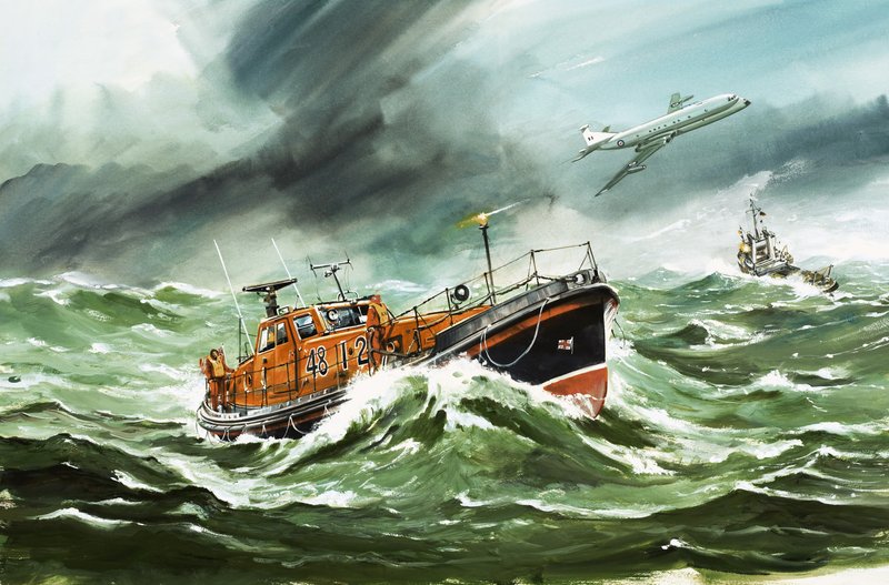 遭難船へ向かう15メートルのRNLIオークリー救命艇 作： ウィルフ (20 世紀) ハーディ