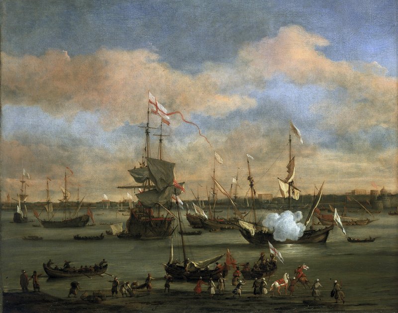 輸入品 絵画 油絵 august作 港 port 風景画 64×71.5 大 Willem_van_de_the_Younger_Veld