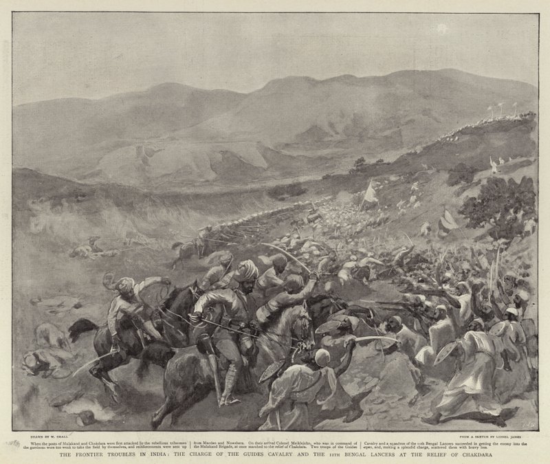 1897年8月のチャクダラの救援におけるインドのフロンティア問題、ガイド騎兵隊および第11ベンガルランサーの突撃 作： ウィリアム・スモール