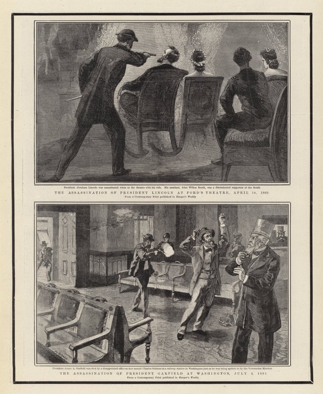 1865年4月14日、フォード劇場でのリンカーン大統領暗殺、1881年7月2日、ワシントンでのガーフィールド大統領暗殺 作： ウィリアム・アレン・ロジャース