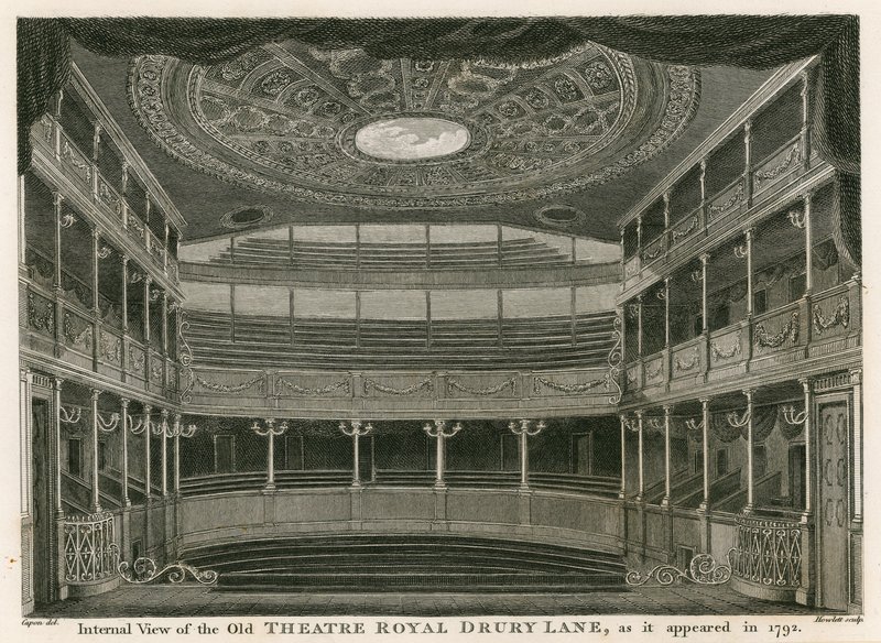 1792年に登場したロンドンのドルリーレーンの古いシアターロイヤルの内部 作： ウィリアム・カポン