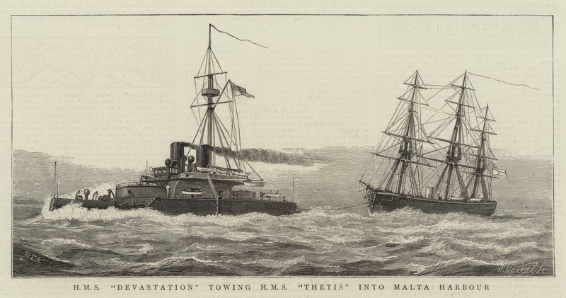 HMS DevastationがHMS Thetisをマルタ港に牽引 作： ウィリアム・エドワード・アトキンス