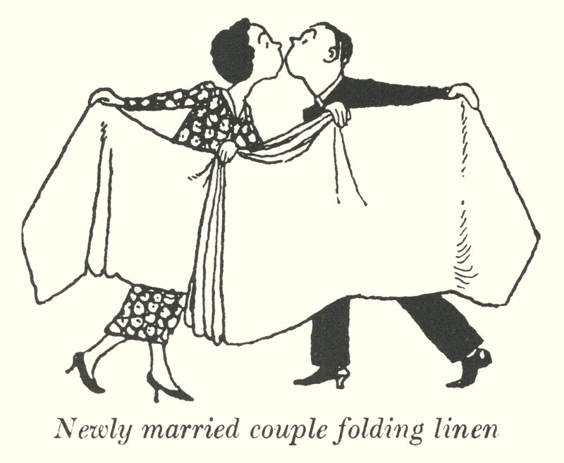 リネンをたたむ新婚夫婦（リトグラフ 作： ウィリアムヒースロビンソン