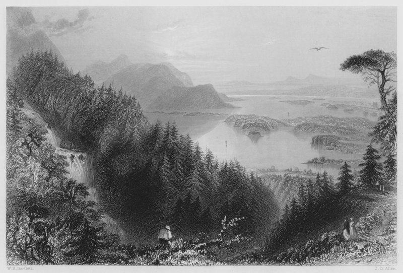KillarneyのLower and Torc Lakes, from Torc Waterfall (carving) 作： ウィリアムヘンリー（後）バートレット
