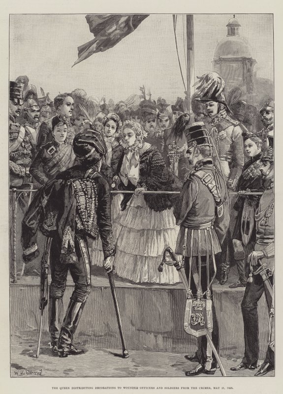 1856年5月21日、クリミアの傷ついた将校と兵士に装飾を配る女王 作： ウィリアムヘイシャムオーバーエンド
