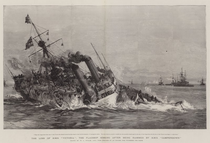HMSビクトリアの損失、旗艦はHMSキャンパーダウンに突撃された後に沈没 作： ウィリアムライオネルワイリー