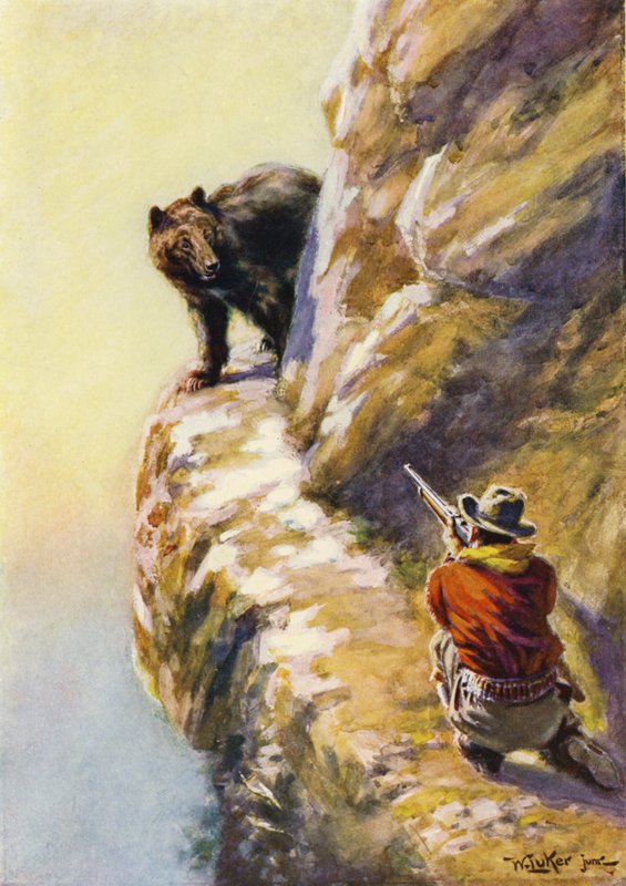 狭い山の棚での男性とクマの対決（カラーリソ） 作： ウィリアム・ルーカー