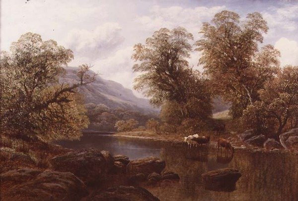 豪華！アンティーク絵画　油彩　アメリカ　森林と川風景画Antiqueヴィンテージ 川と牛のいる風景」（油彩・キャンバス）
