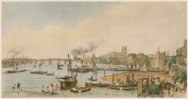 ウォータールー橋からのウェストミンスターとハンガーフォード、c 1840 作： ウィリアム・パロット