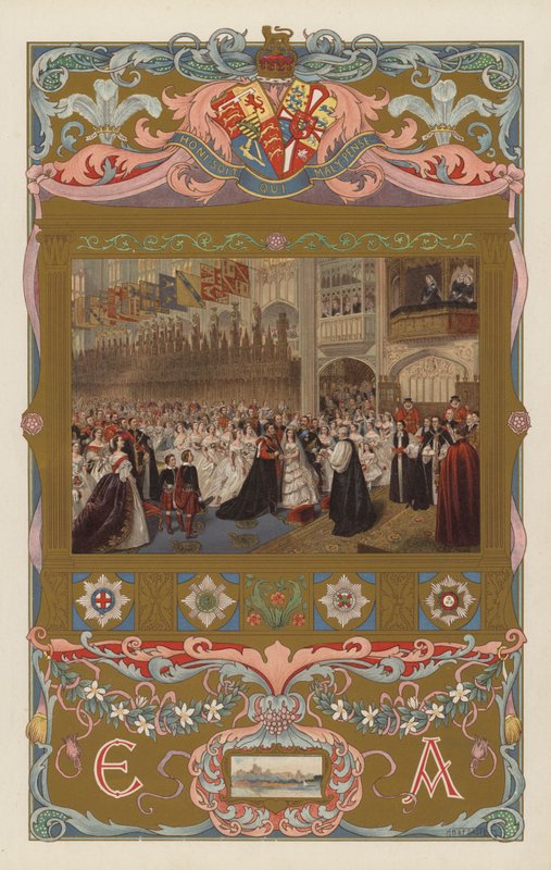 1863年3月10日、ウィンザーのセント・ジョージズ・チャペルで行われた、後の国王エドワード7世とアレクサンドラ女王の結婚式（カラーリトグラフ版 作： ウィリアム・パウエル（後）フリス