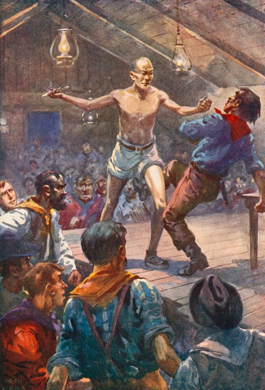 ピンの右腕が撃たれ、彼はナイフを捕まえて飛んだ 作： Archibald Bertram Webbの後
