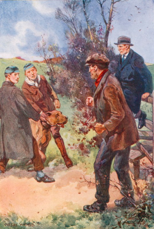男は不快な笑いで後退し、彼の目はまだ犬に向けられていました 作： Archibald Bertram Webbの後