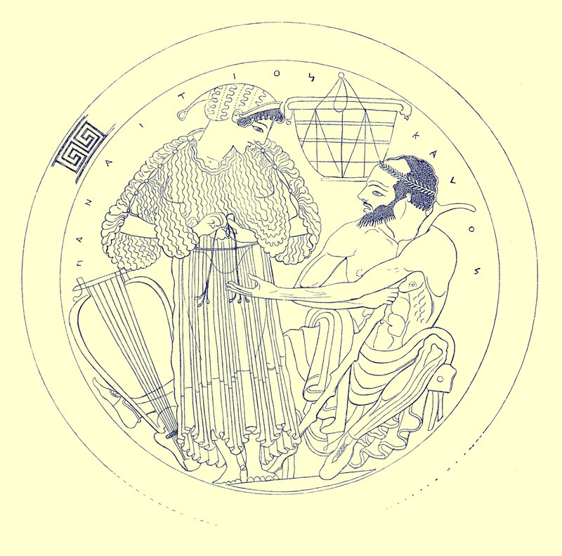 EuphroniosによるCylixの内部、JE HarrisonとDS MacCollによるギリシャの花瓶の絵画からのイラスト、1894年発行（デジタル拡張画像） 作： 英語学校の後