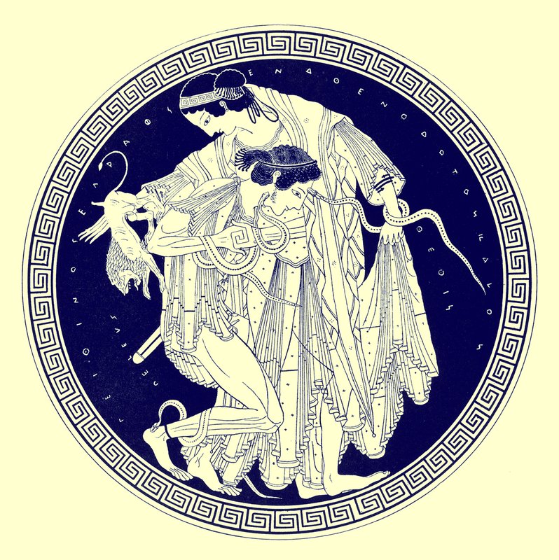 JE HarrisonとDS MacCollによるギリシャの花瓶の絵画からのイラスト、PeleusとThetis、1894年発行（デジタル拡張画像） 作： 英語学校の後
