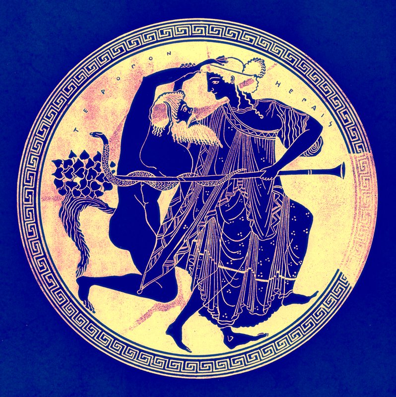 SatyrとMaenad、JE HarrisonとDS MacCollによるギリシャの花瓶の絵画のイラスト、1894年発行（デジタル化された画像） 作： 英語学校の後