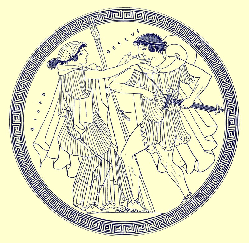 JE HarrisonとDS MacCollによるギリシャの花瓶の絵画のイラスト、TheseusとAethraが1894年に発行（デジタル化された画像） 作： 英語学校の後