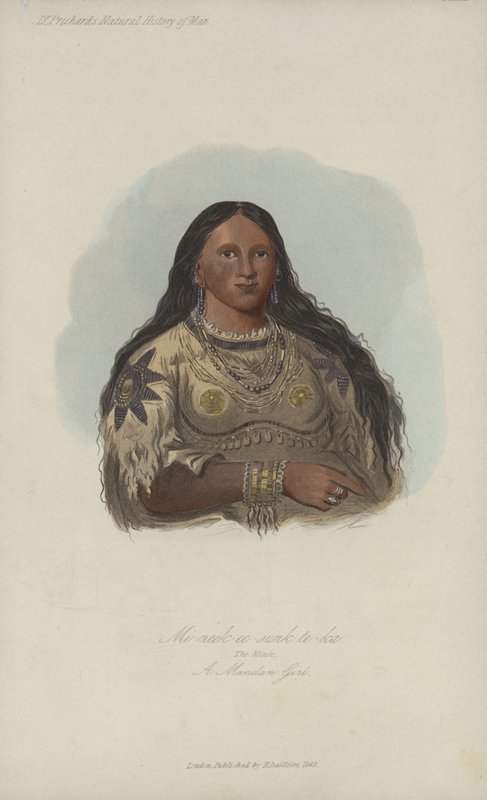 Mi-neek-ee-sunk-te-ka、The Mink、A Mandan Girl（aquatint） 作： ジョージ・カトリンの後