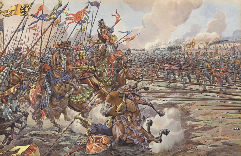 チャールズザボールドのブルゴーニュ騎士団、1476年の孫の戦いでスイスのパイクマンによって運ばれた 作： オンフレ・ド・ブレヴィルの仕事