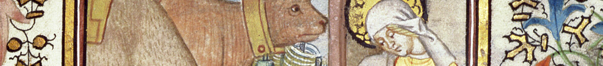 写本69 f. 48r、イエスの誕生、「ジャック・ド・ブザンソンの画家」の時祷書より (French School), Detail: Ochs, Esel und Maria