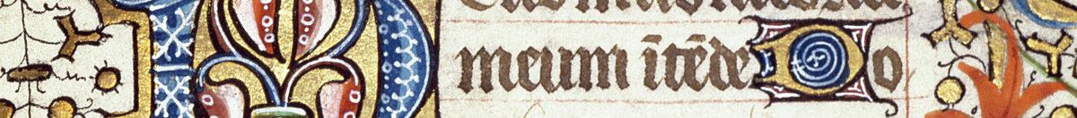 写本69 f. 48r、イエスの誕生、「ジャック・ド・ブザンソンの画家」の時祷書より (French School), Detail: Initiale D mit Schriftband