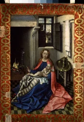 """Madonna and Child near a Fireplace"" (暖炉のそばの聖母子) 二連祭壇画の右側のペイン。 1430年頃、フレマルの巨匠として知られるロベール・カンピンによる木版画 (1375-1444) 寸法 34.3x24.5 cm エルミタージュ美術館、サンクトペテルブルク