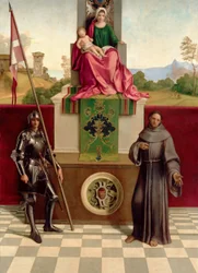 聖フランシスと聖ニカシウスの間のマドンナと子供（カステルフランコマドンナ）c.1503-04（木の油）