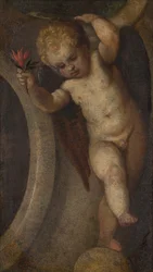 赤い花のあるプット、c.1548-88（キャンバスに油彩）