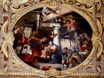 羊飼いの崇拝パオロ・ヴェロネーゼ（1528-1588）と呼ばれるパオロ・カリアリの絵画、1568年以降。油彩・キャンバスディム：910x455cmヴェネツィア、聖ヨハネとパウロのバシリカ（サン・ザニポロ）、ロザリオの礼拝堂。ヴェネツィア（聖ジョヴァンニとパオロのバシリカ