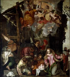 羊飼いの崇拝パオロ・ヴェロネーゼ（1528-1588）と呼ばれるパオロ・カリアリの絵画、1565年頃。ディム：350x290cm。油彩・キャンバスヴェネツィア、聖ヨハネとパウロのバシリカ（サン・ザニポロ）、ロザリオの礼拝堂。ヴェネツィア、聖ジョヴァンニとパオロのバジリカ (