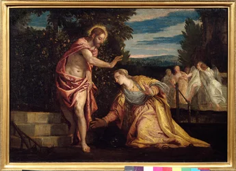 マドレーヌに現れたキリスト（Noli me tangere） パオロ・ヴェロネーゼ（1528-1588）の絵画 薄暗い。0.67 x 0.97 m. グルノーブル。ボザール美術館 - マグダラのマリアに現れたキリスト（Noli Me Tangere）。パオロ・ヴェロネーゼ（1528-1588）による絵画。0.67 x 0.95 m. ボー