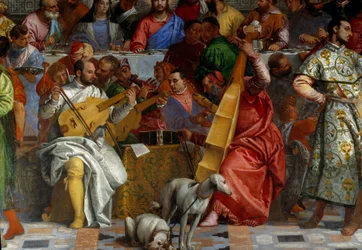 カナの婚礼、詳細：音楽家たち。パオロ・ヴェロネーゼ（1528-1588）のフレスコ画 Ec.Fri.