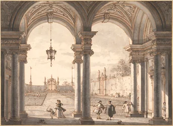 "View through a Baroque Colonnade into a Garden" Antonio Canaletto (1697-1768) によるペン画 1760-1768 Dim 33,1x45,4 cm Albertina, Vienna