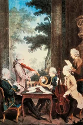 オーボエ、ヴァイオリン、ホルン、チェロによるコンサート、ルイ・ド・カルモンテル（1717-1806）作、水彩画。フランス