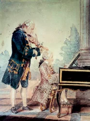 ヴォルフガング・アマデウス・モーツァルト（1756-1791）父レオポルドとピアノを弾く子供」 ルイ・カロジス・カルモンテル（1717-1806）による水彩画 1777年 パリ、カルナヴァレ美術館蔵