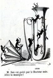 黒人医師に手傷を負わされるサックス氏。(Adolphe (Adolph) Sax、サックスの発明者(1814-1894)。