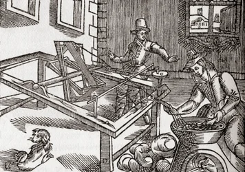 絹巻き、エドワード・ウィリアムの「Virginia Truly Valued」（1650年）の絵の複製、「The Century Illustrated Monthly Magazine」（1884年発行）より（リトグラフ