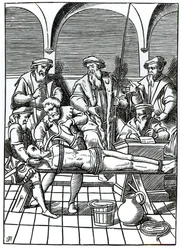 ヨース・デ・ダムフーダー（1507-81）の「犯罪の実践」（アントワープ刊）の木版画に倣って描かれた水責め。