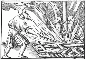 1552年に出版されたミュンスターの「Cosmographie Universelle」（リトグラフ）の木版画にちなんだ火刑（モノクロ写真）