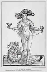 花でペニスをくすぐる女と狂人、「Der Rarr und das Weib」、エドゥアルト・フックス著「Geschichte des Erotischen Kunst」、ベルリン