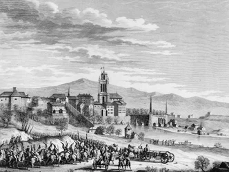 フランス革命の戦争。1798年3月、ベルン（スイス）へのフランス軍の凱旋。ジラルデの後にベルソーが描いた版画。パリ、革命史研究所の図書館